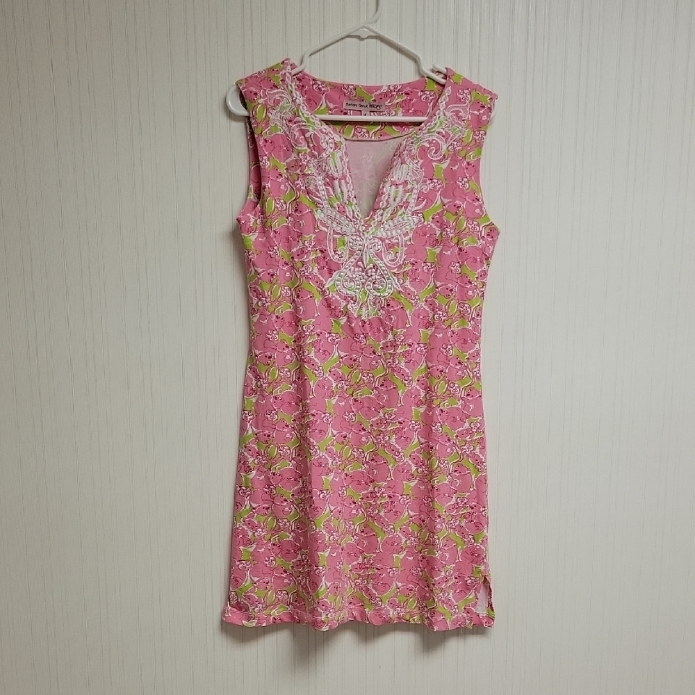 Barbara Gerwit Vintage Pink & Green Koala Print Dress Medium coastal grandma
